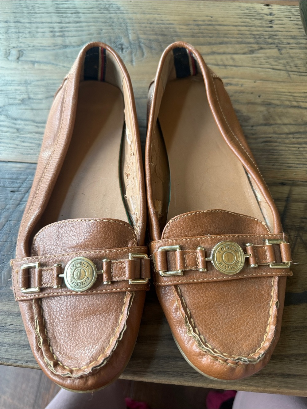 Tommy Hilfiger Cognac Leather Loafers with Gold Medallion